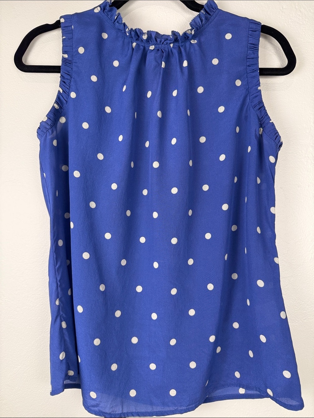 🔵Boden Effie Royal Blue Polka Dot Sleeveless Ruffle-Neck Top Size 4 100% Silk